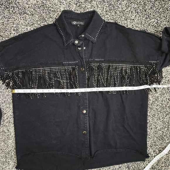 Western Black Button Up Long Sleeve RawHem Rhinestone Fringe Nashville Cezele S - Picture 6 of 9